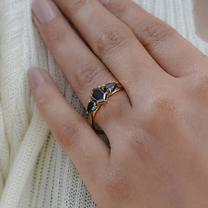Black Hexagon Diamond Three Stone Engagement Ring