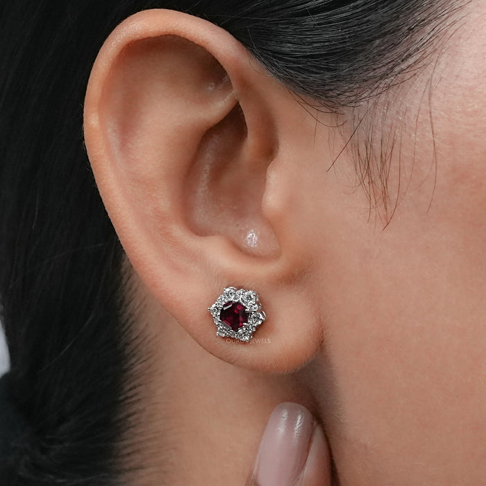 Floral Hexagon Cut Red Ruby Gemstone Cluster Stud Earrings
