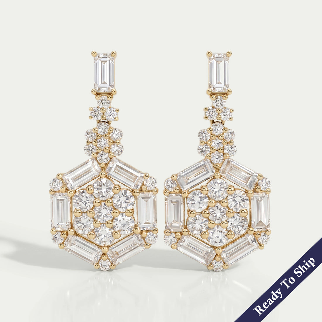 Hexagon Shape Baguette And Round Cut Screw Back Earrings