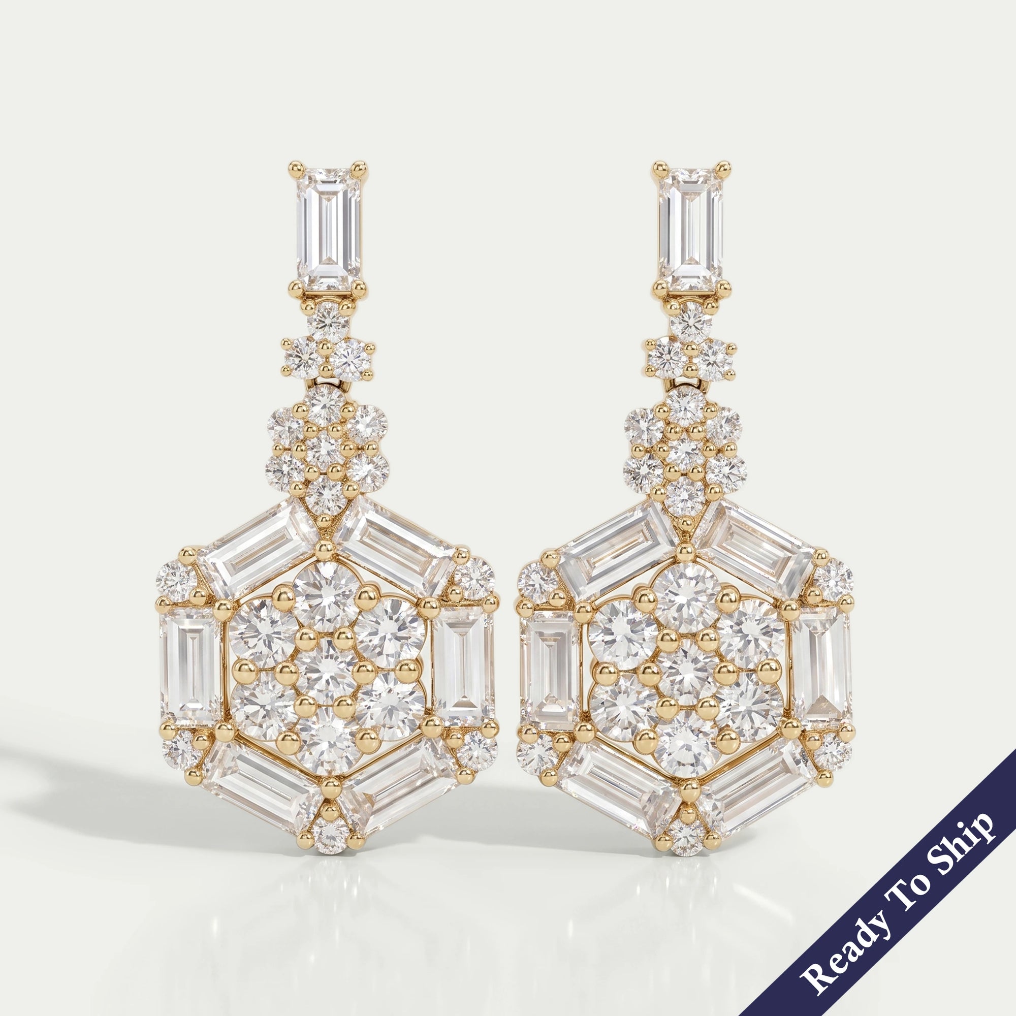 Hexagon Shape Baguette And Round Cut Screw Back Earrings