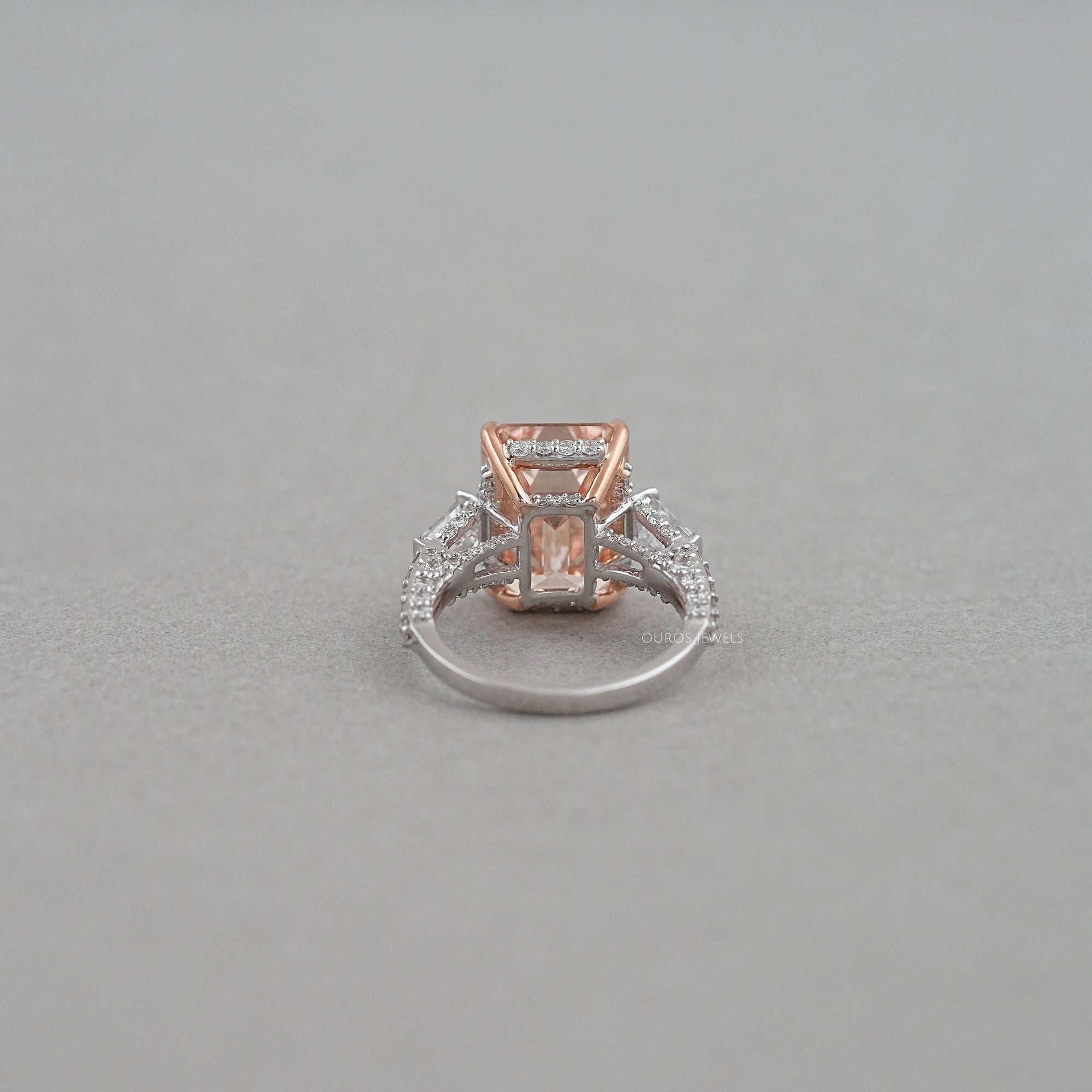 Pink Emerald Lab Diamond Three Stone Hidden Halo Ring Rings