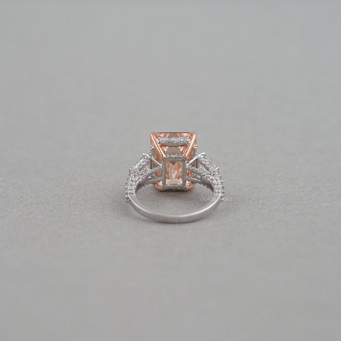 Pink Emerald Lab Diamond Three Stone Hidden Halo Ring  