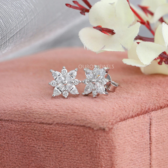 Marquise and Round Cluster Diamond Earrings
