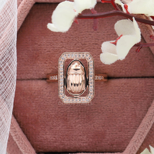 scarab shape round cut diamond halo yellow gold men's wedding band in jewelry box