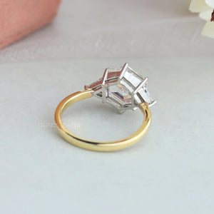 Step Cut Hexagon Shape Lab Diamond Three Stone Ring