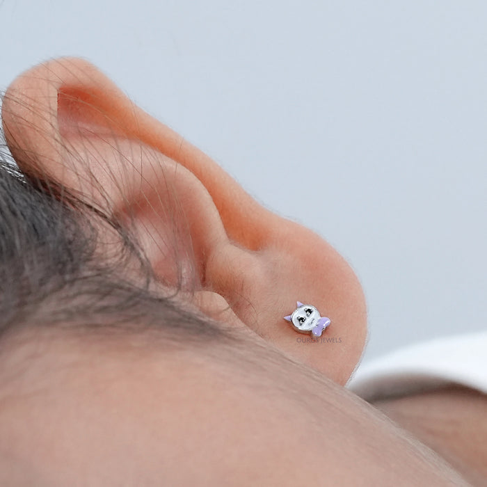 Enamel Cat Shape Black Diamond Stud Earrings