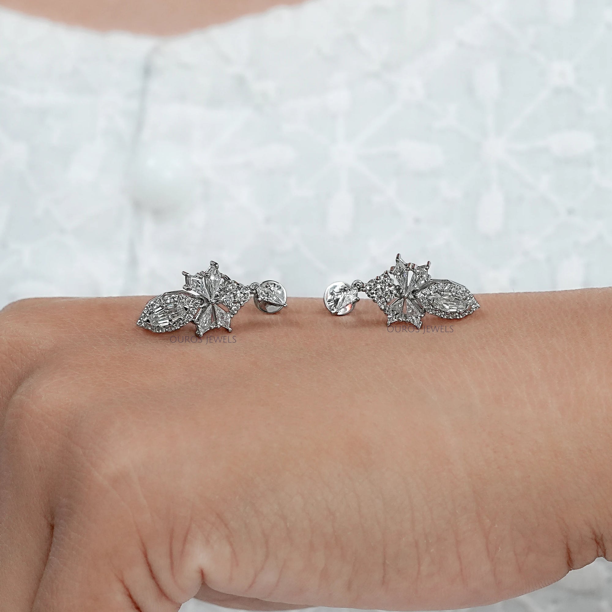 Step Cut Oval Diamond Cluster Dangle Drop Earrings