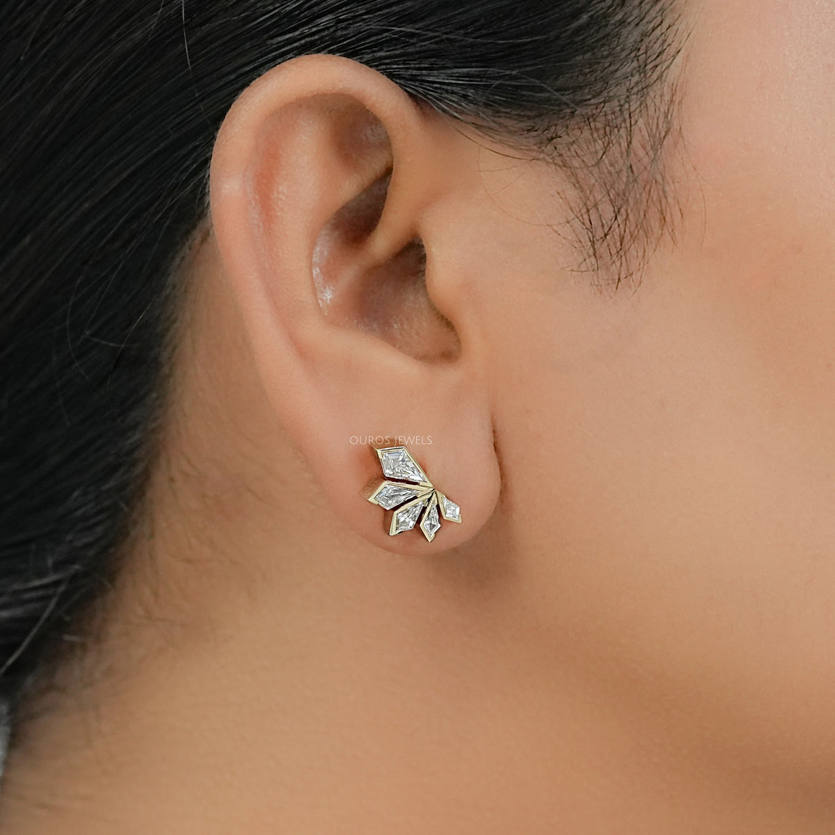 Step Cut Kite Half Bezel Fan Shape Stud Earrings