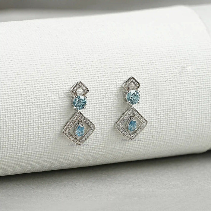 Blue Round With Pear Diamond Drop Earrings