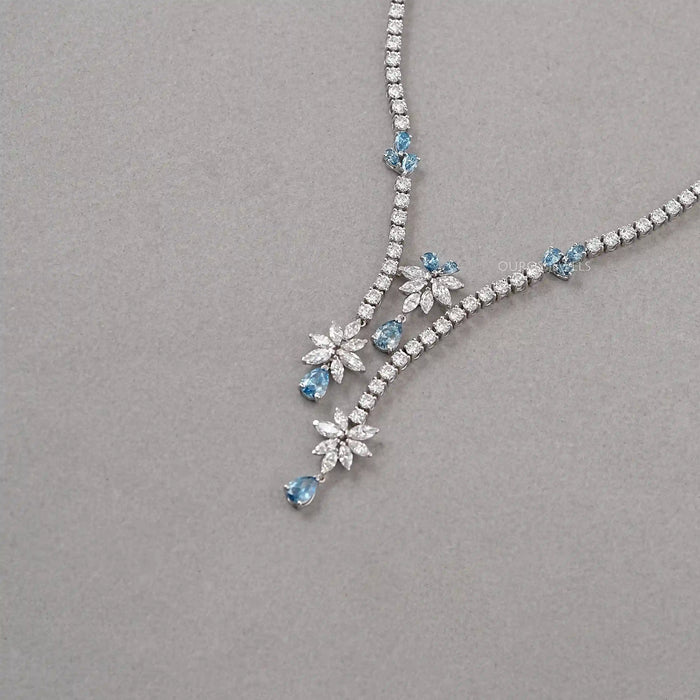 Lab Diamond And Blue Pear Diamond Cluster Necklace