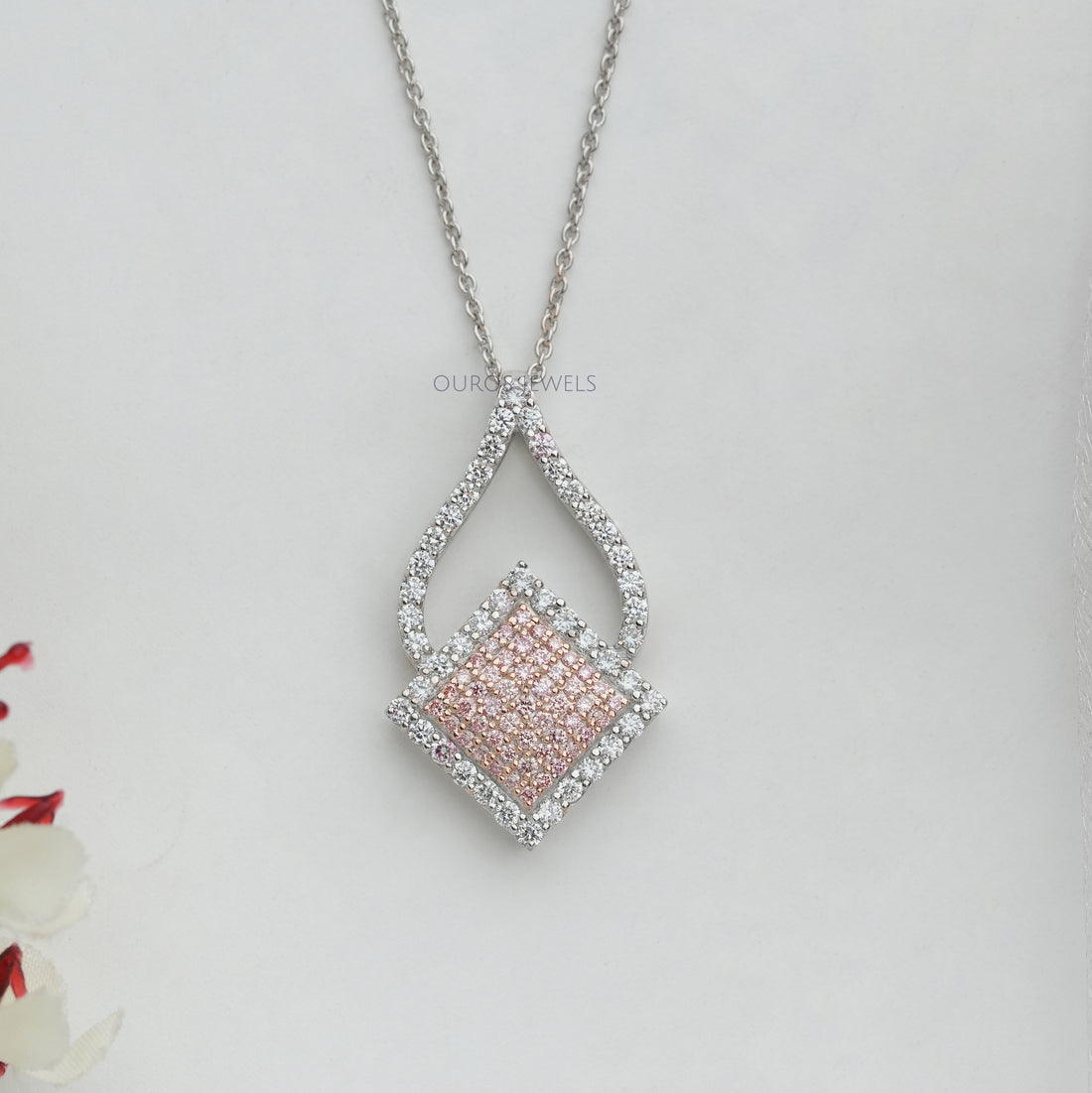 Fancy Pink Round Cluster Diamond Pendant Necklaces