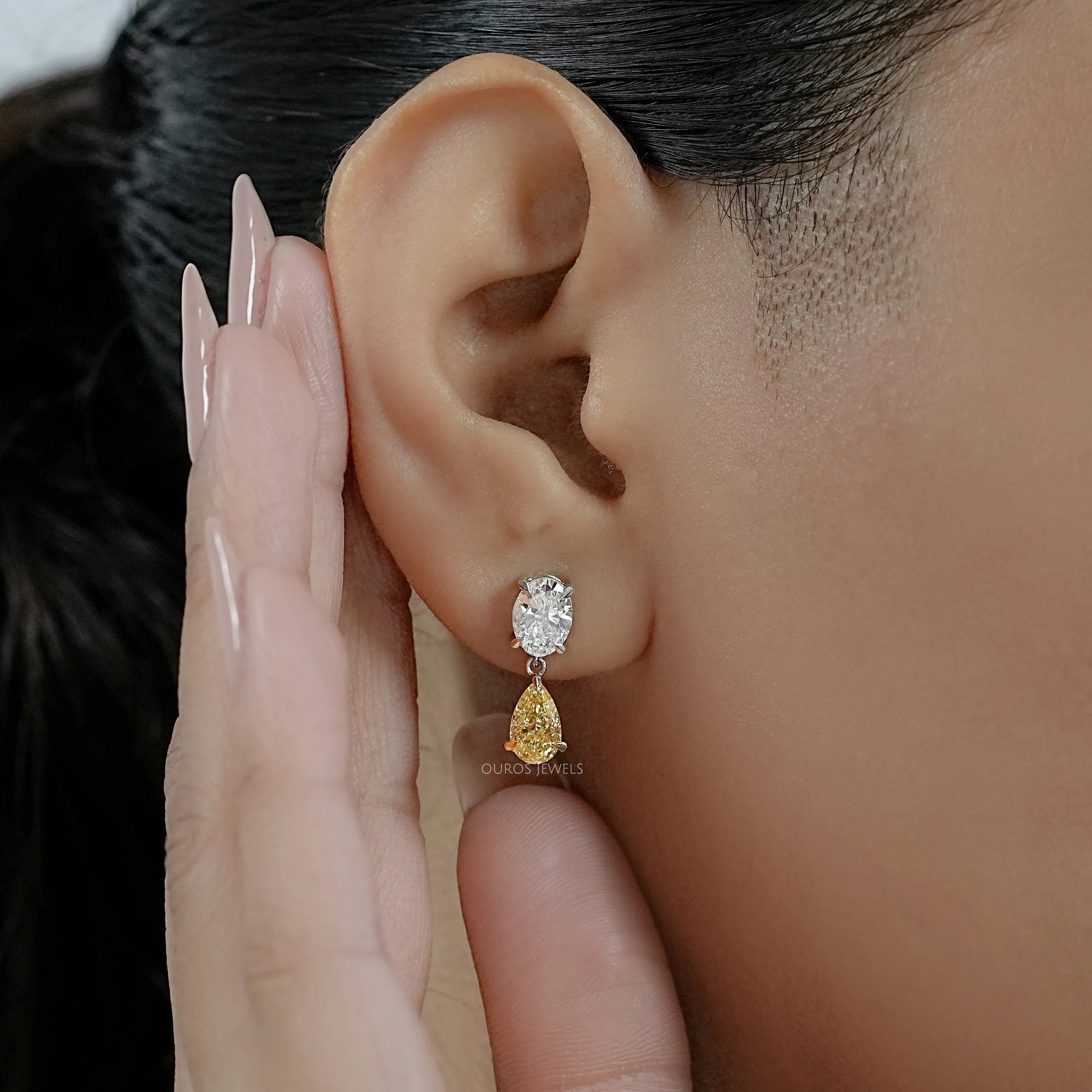 Fancy Yellow Pear And Oval Diamond Drop Earrings