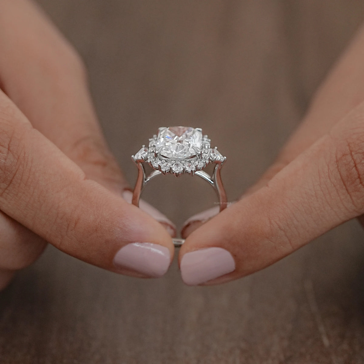 Elongated Cushion Halo Diamond With Baguette & Round Engagement Ring Rings