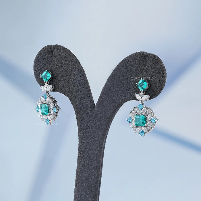 Asscher Paraiba Lab Gemstone Diamond Cluster Drop Earrings