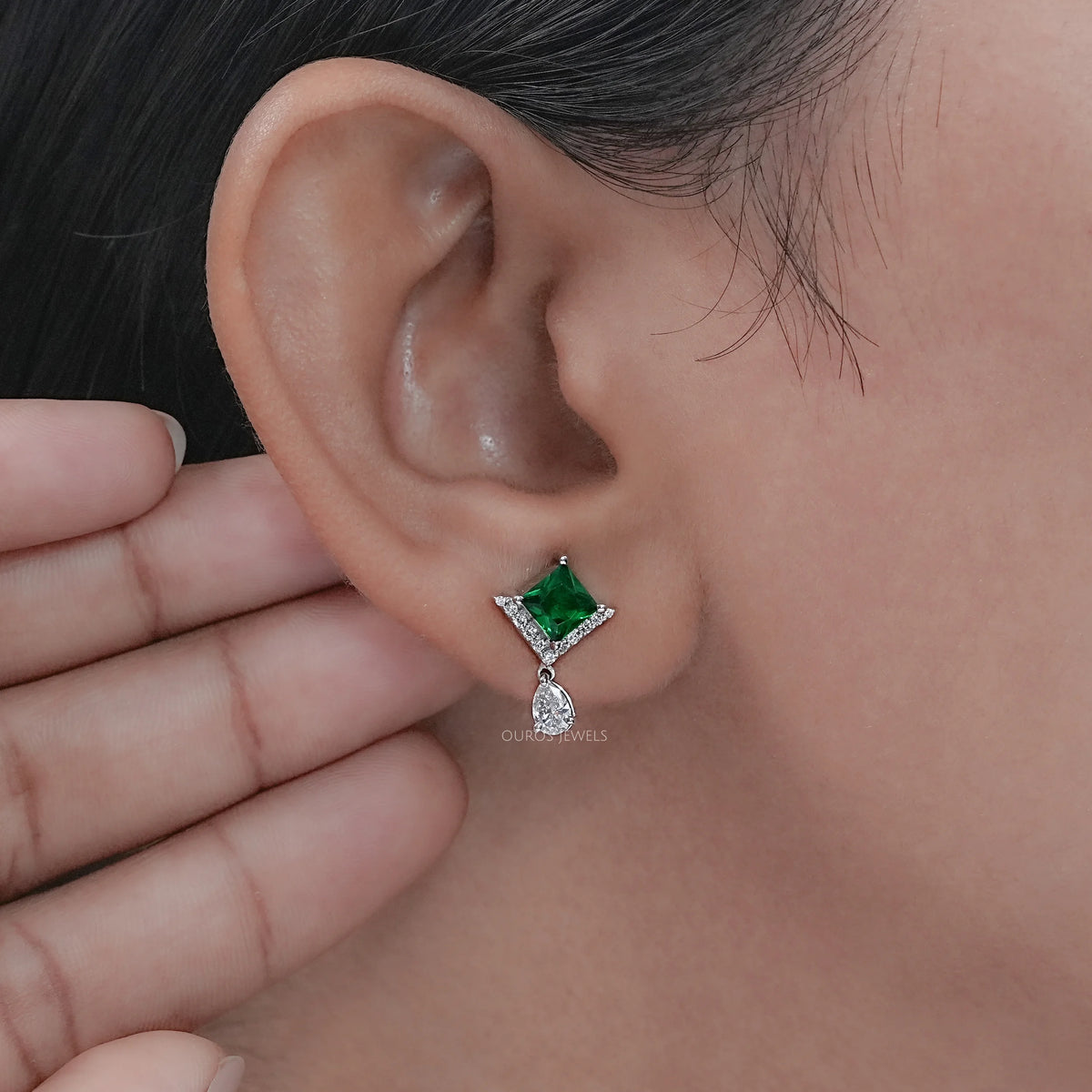 Green Princess Gemstone And Lab Diamond Drop Earrings