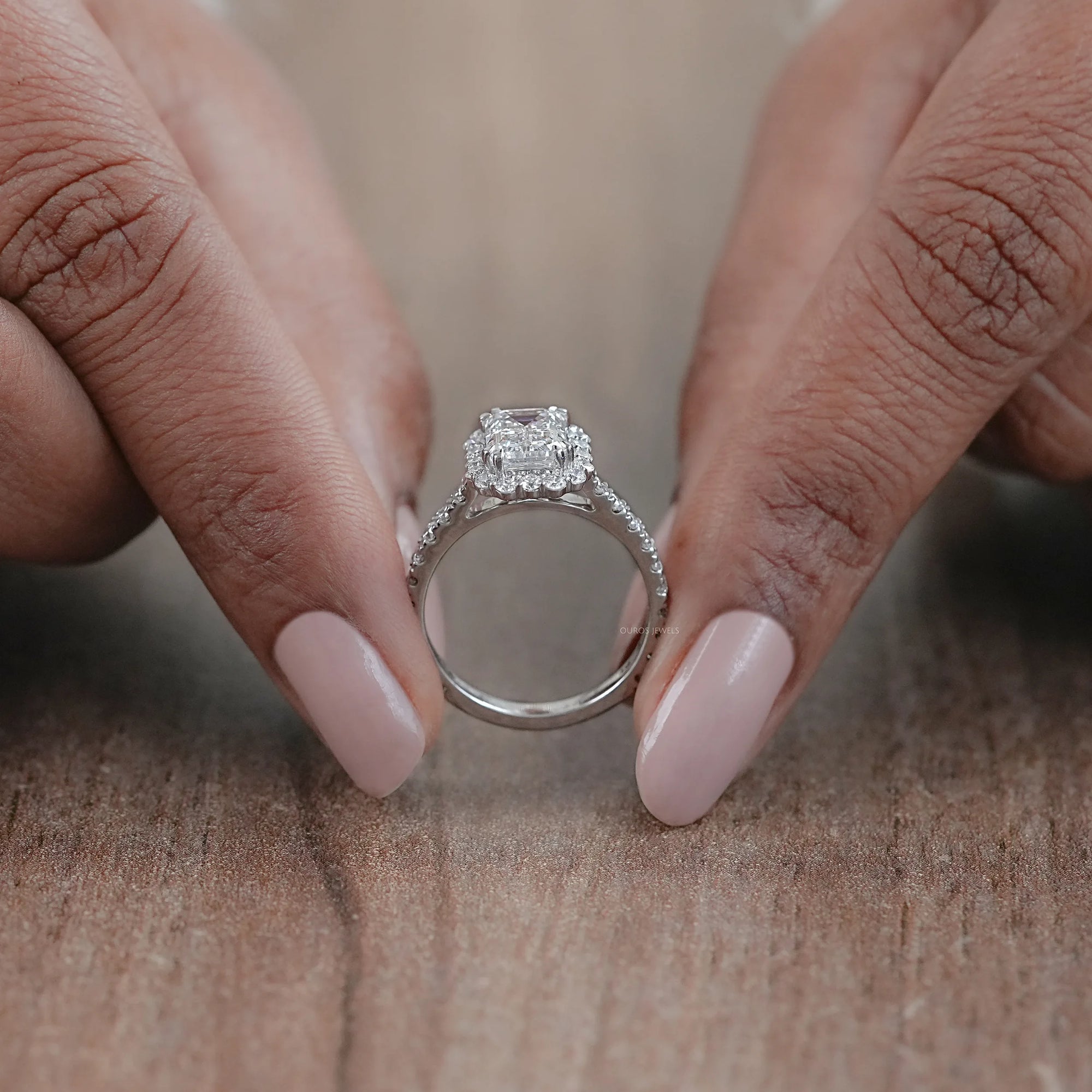 Emerald Cut Halo Accent Diamond Engagement Ring Ring