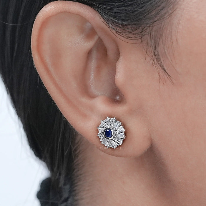 Tapered Baguette Blue Gemstone Stud Earring