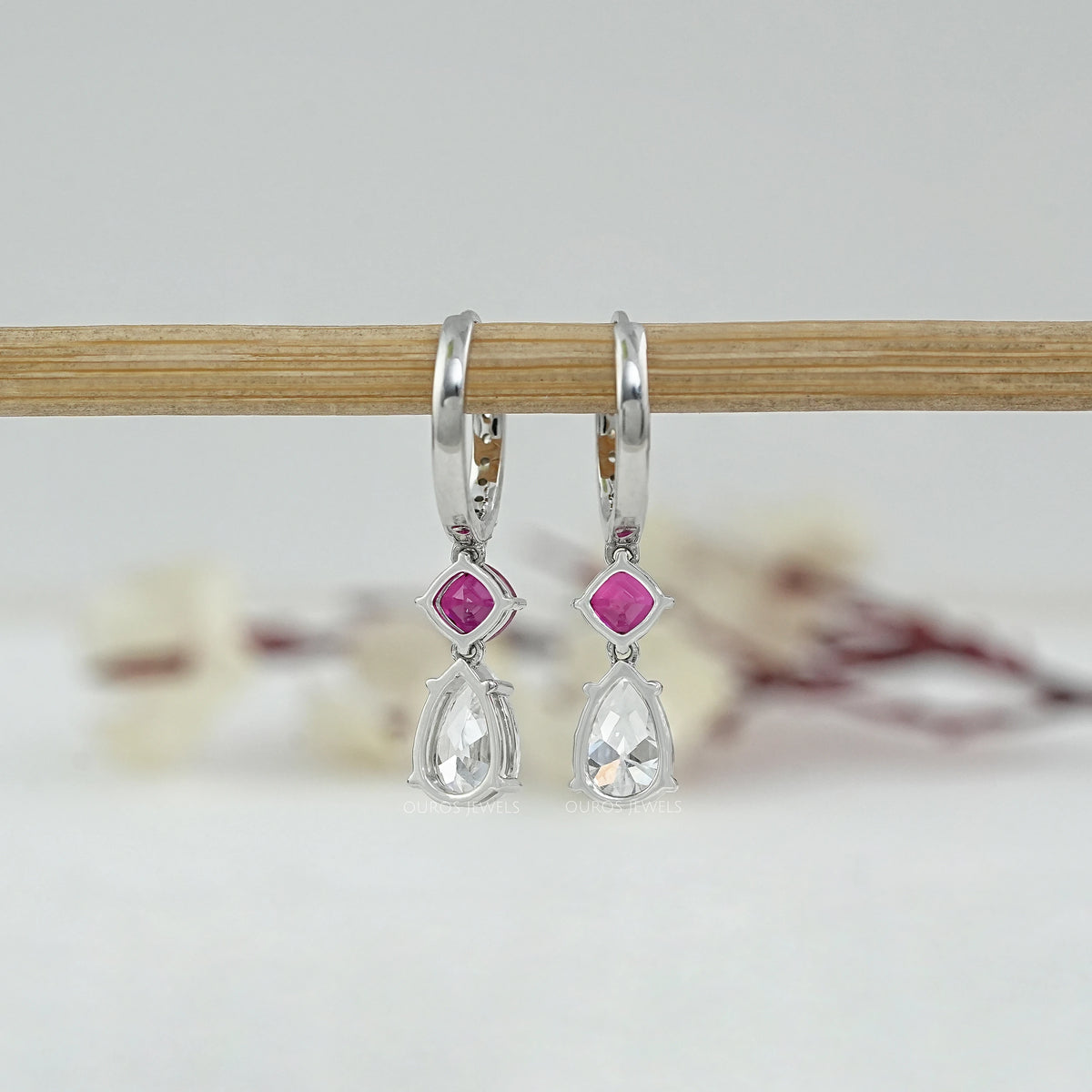 Old Mine Pear Diamond And Ruby Cushion Drop Hoop Earrings Earrings