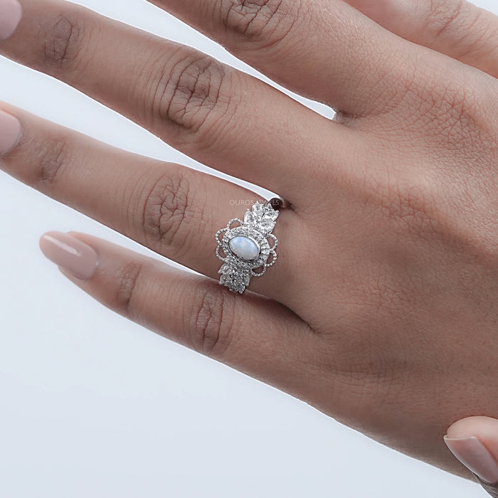 Opal Oval Cut And Halo Diamond Floral Engagement Ring