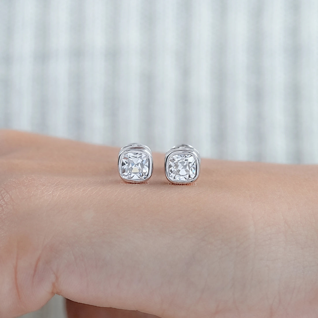 Square Old Mine Cushion Diamond Bezel Stud Earrings Earrings