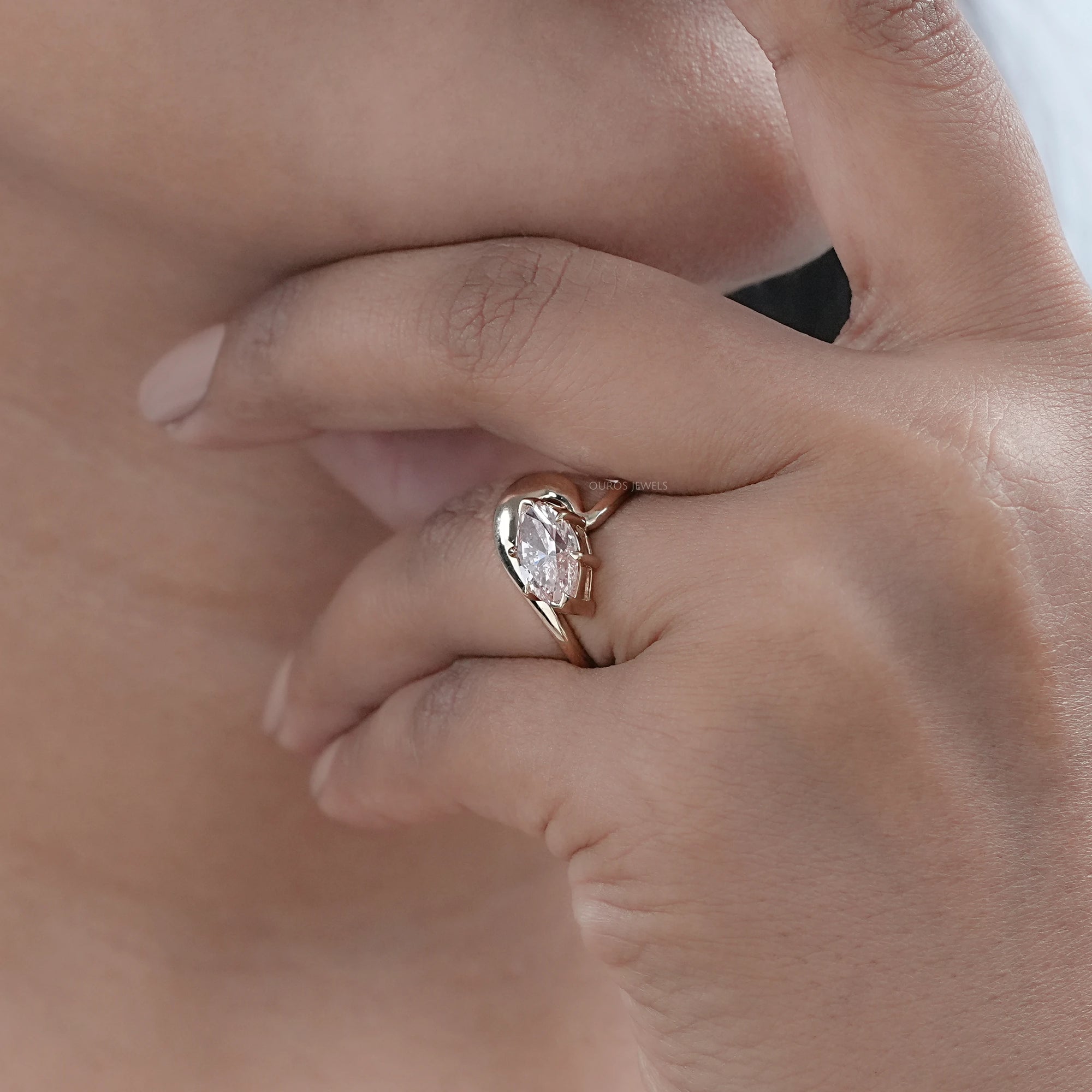 Pink Marquise Cut Lab Diamond Bypass Ring in Yellow Gold Ring