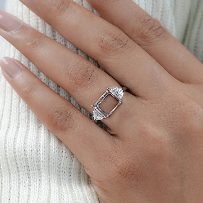 Emerald Shape And Half Moon Diamond Semi Mount Ring