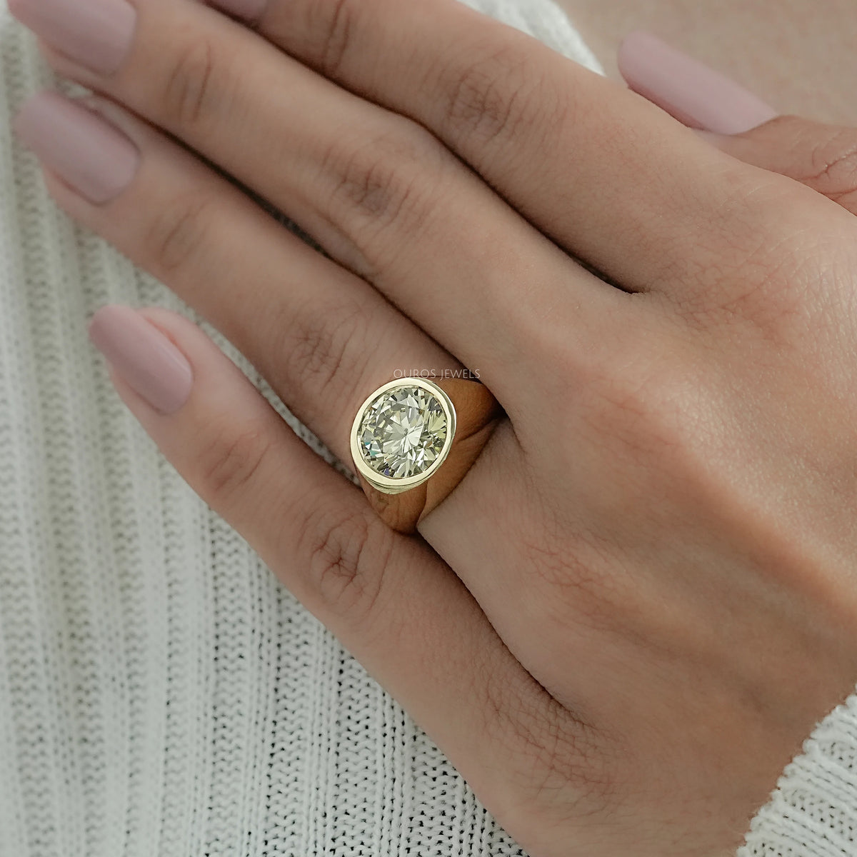 Fancy Yellow Round Diamond Bezel Set Signet Ring Ring