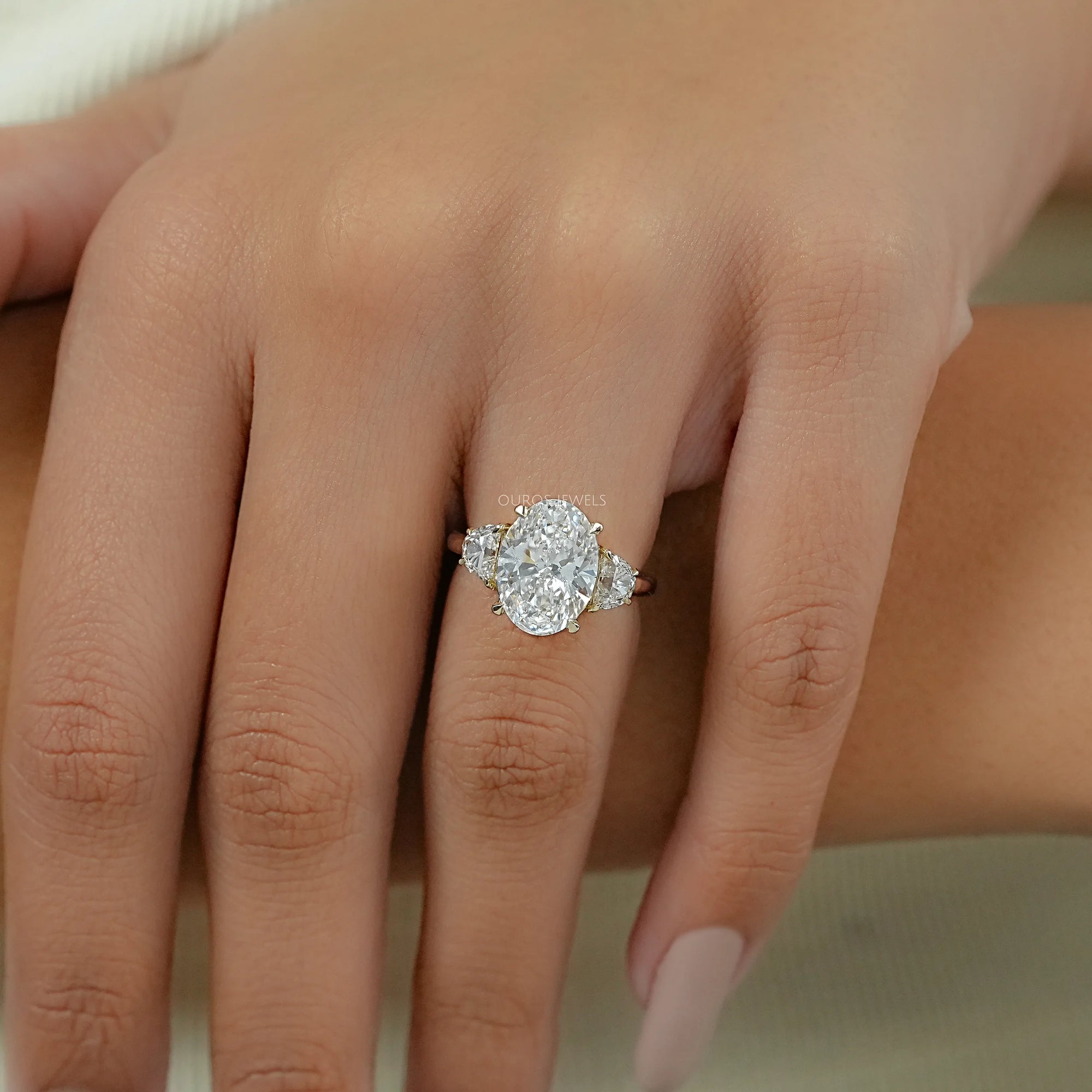 Oval Cut Lab Grown Diamond Three Stone Engagement Ring
