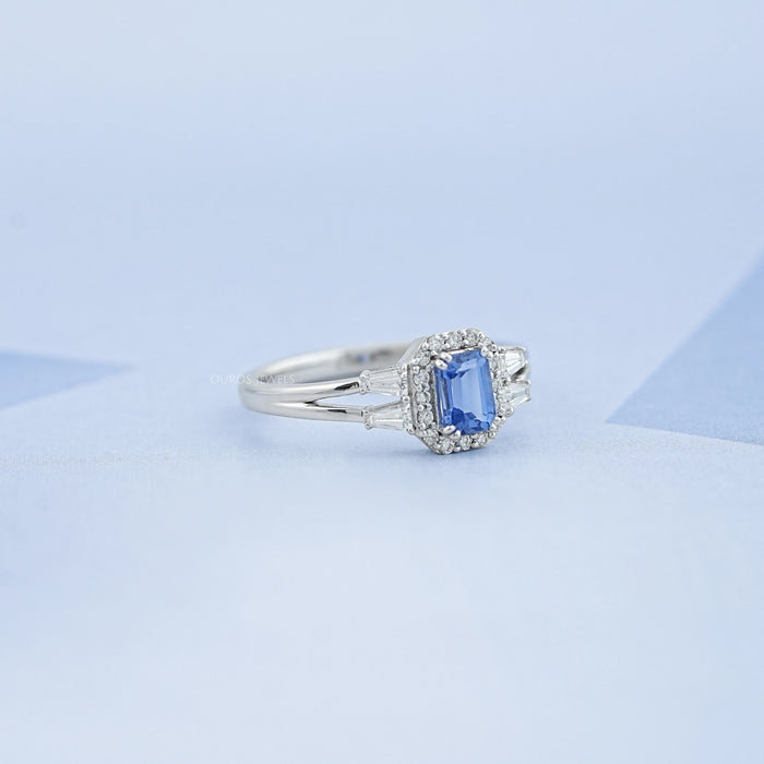 Sapphire Emerald Gemstone Halo Split Shank Ring