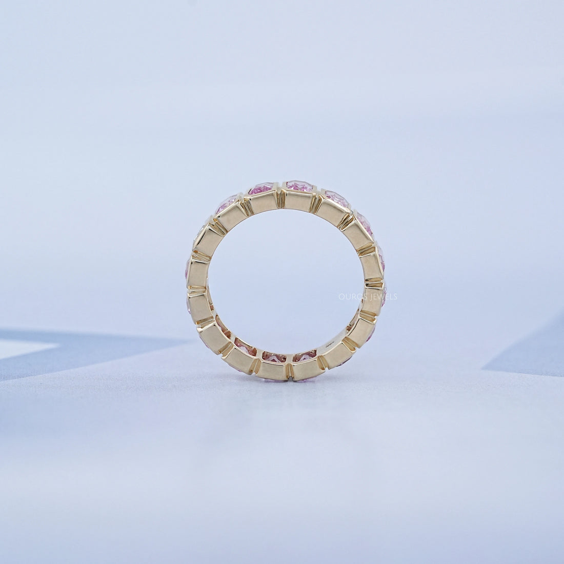 Sapphire Pink Emerald Cut Bezel Set Eternity Wedding Band Rings