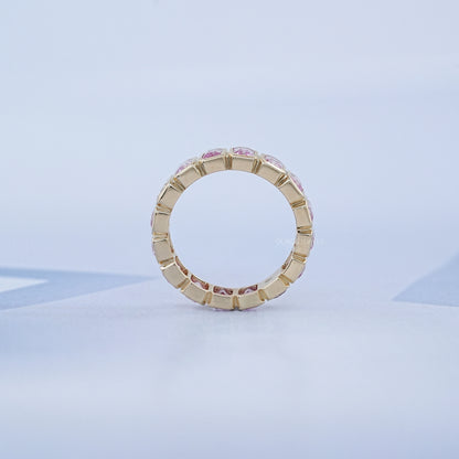 Sapphire Pink Emerald Cut Bezel Set Eternity Wedding Band Rings