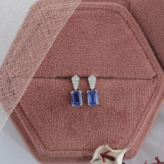Sapphire Emerald Gemstone Round Diamond Drop Earrings