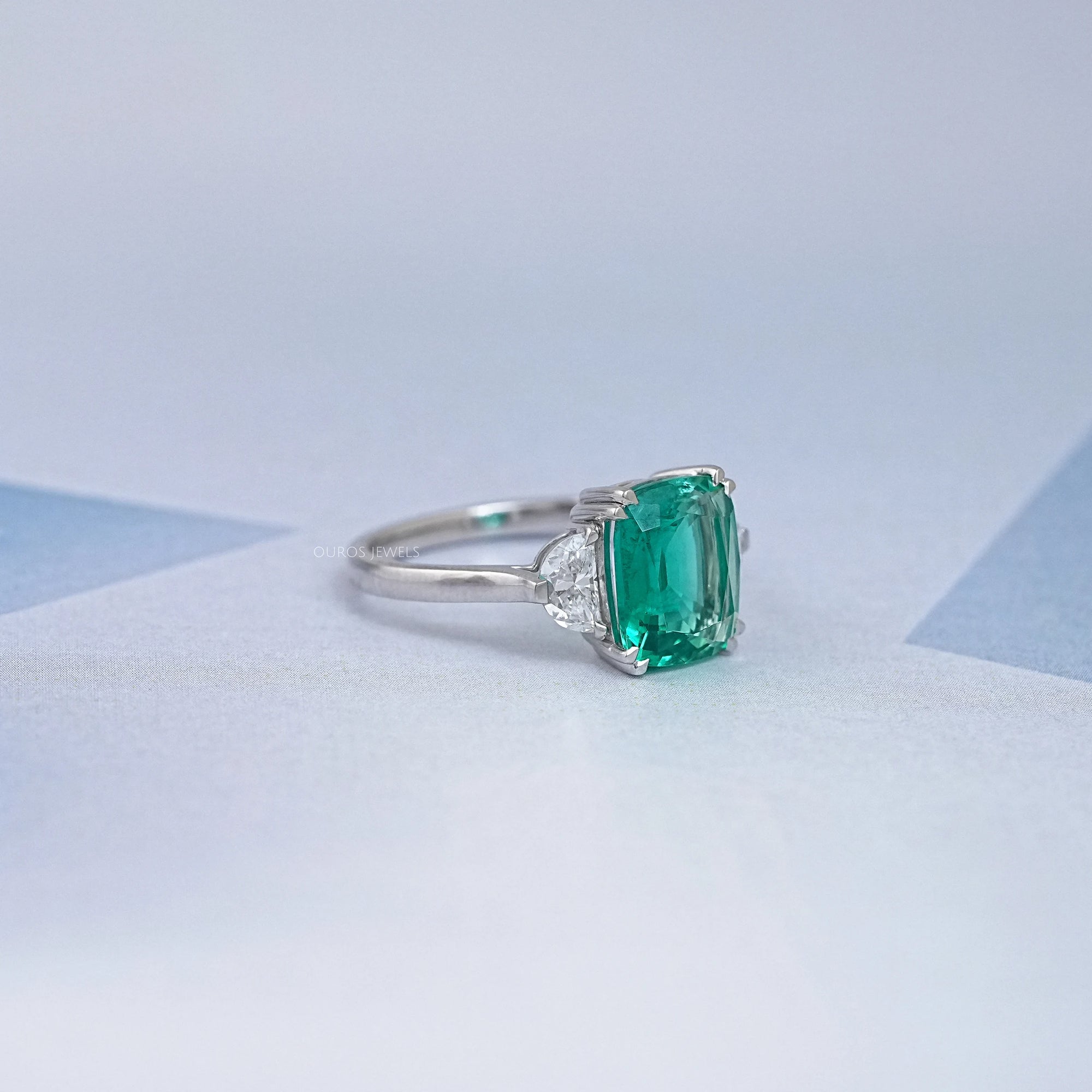 Green Cushion And Half Moon Trio Engagement Ring Rings