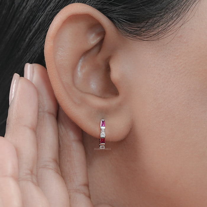 Ruby Tapered Baguette And Lab Diamond Hoop Earrings