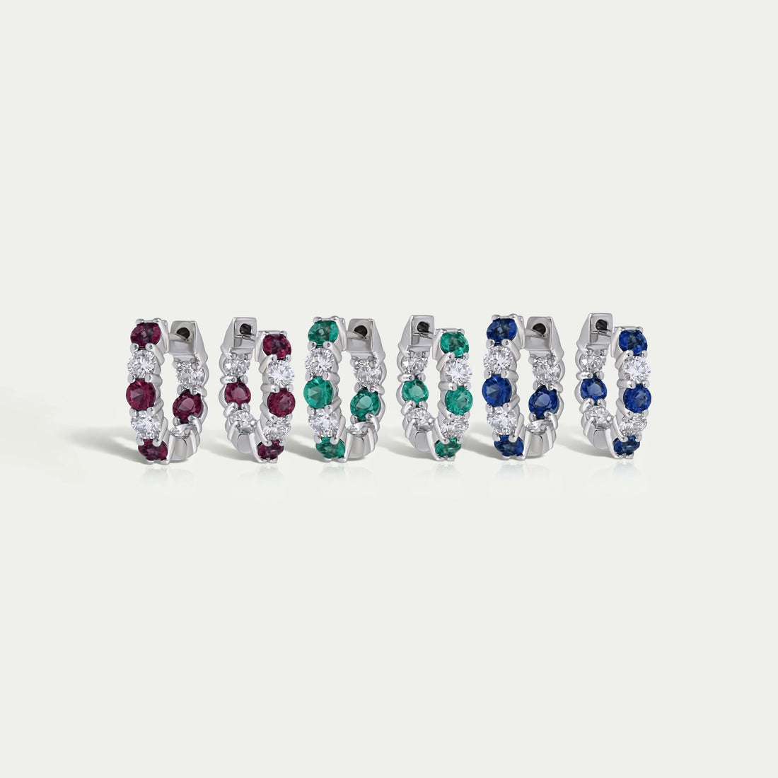 Multi Gemstone And Round Diamond In-Out Hoop Earrings