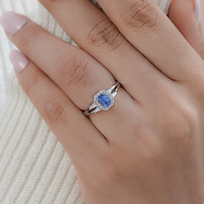 Sapphire Emerald Gemstone Halo Split Shank Ring