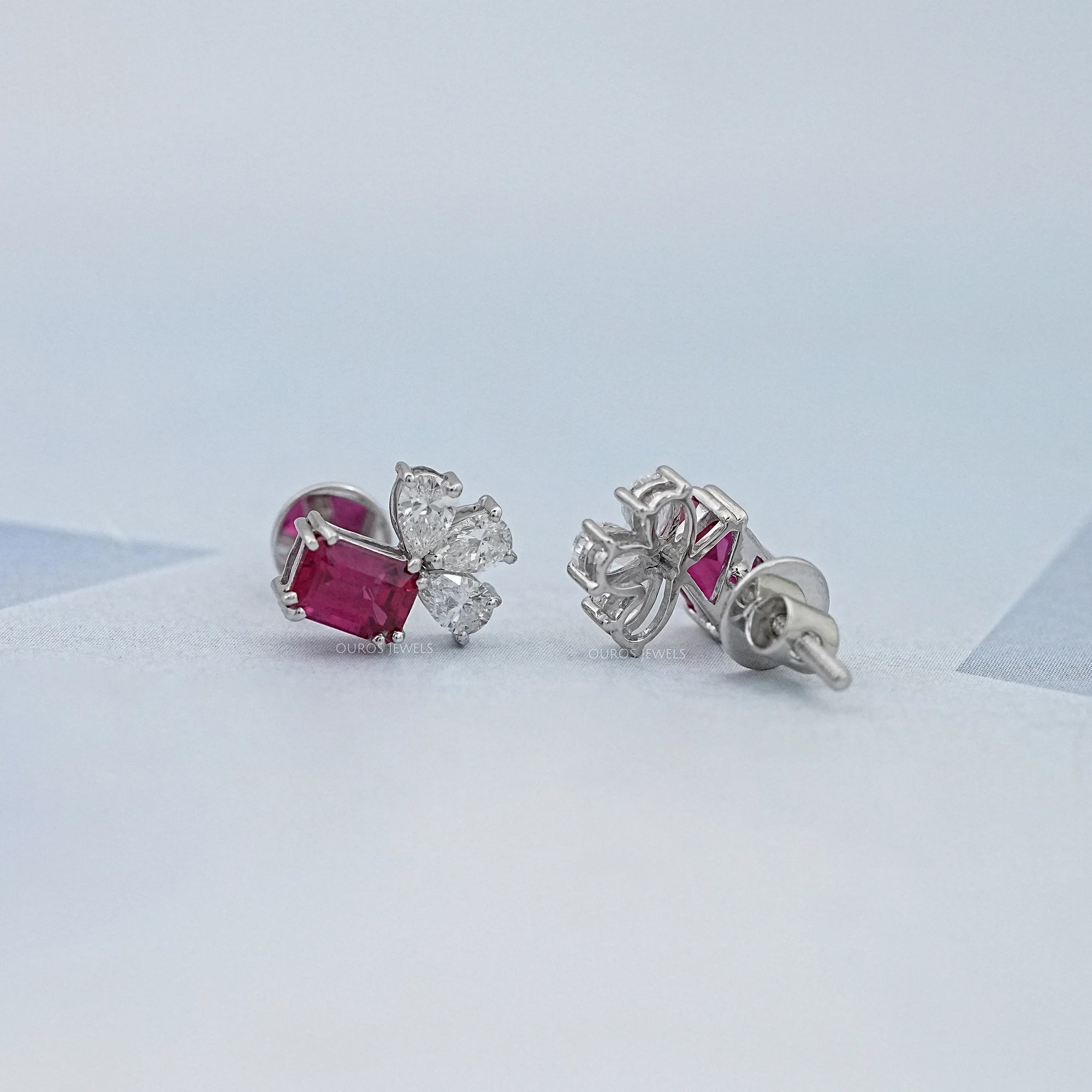 Ruby Emerald Gemstone And Pear Diamond Earrings