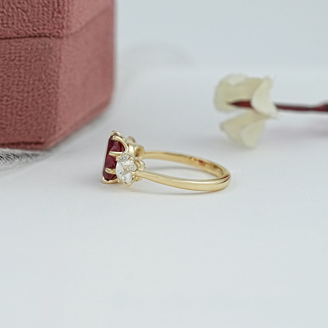 Three Stone Ruby Oval Gemstone Engagement Ring Ring