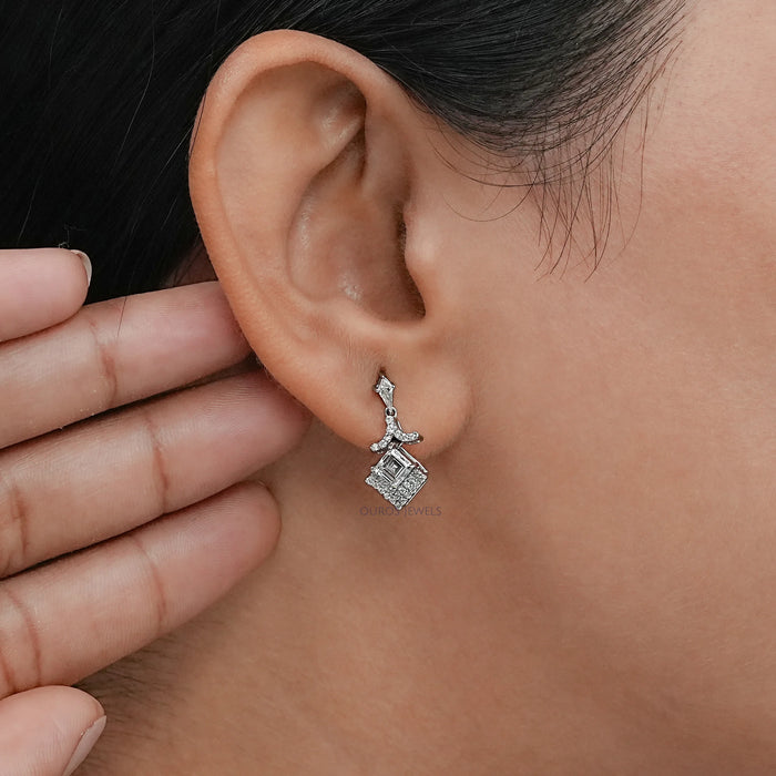 Carre Cut Cluster Diamond Drop Earrings