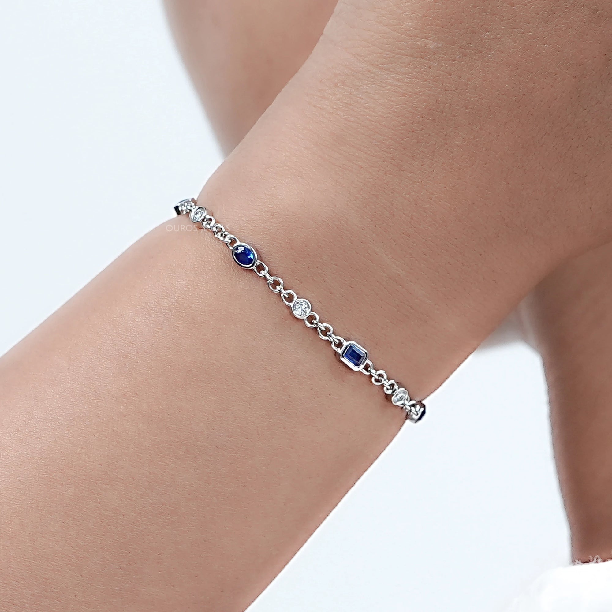 Sapphire Emerald And Oval Gemstone Bezel Set Chain Bracelet
