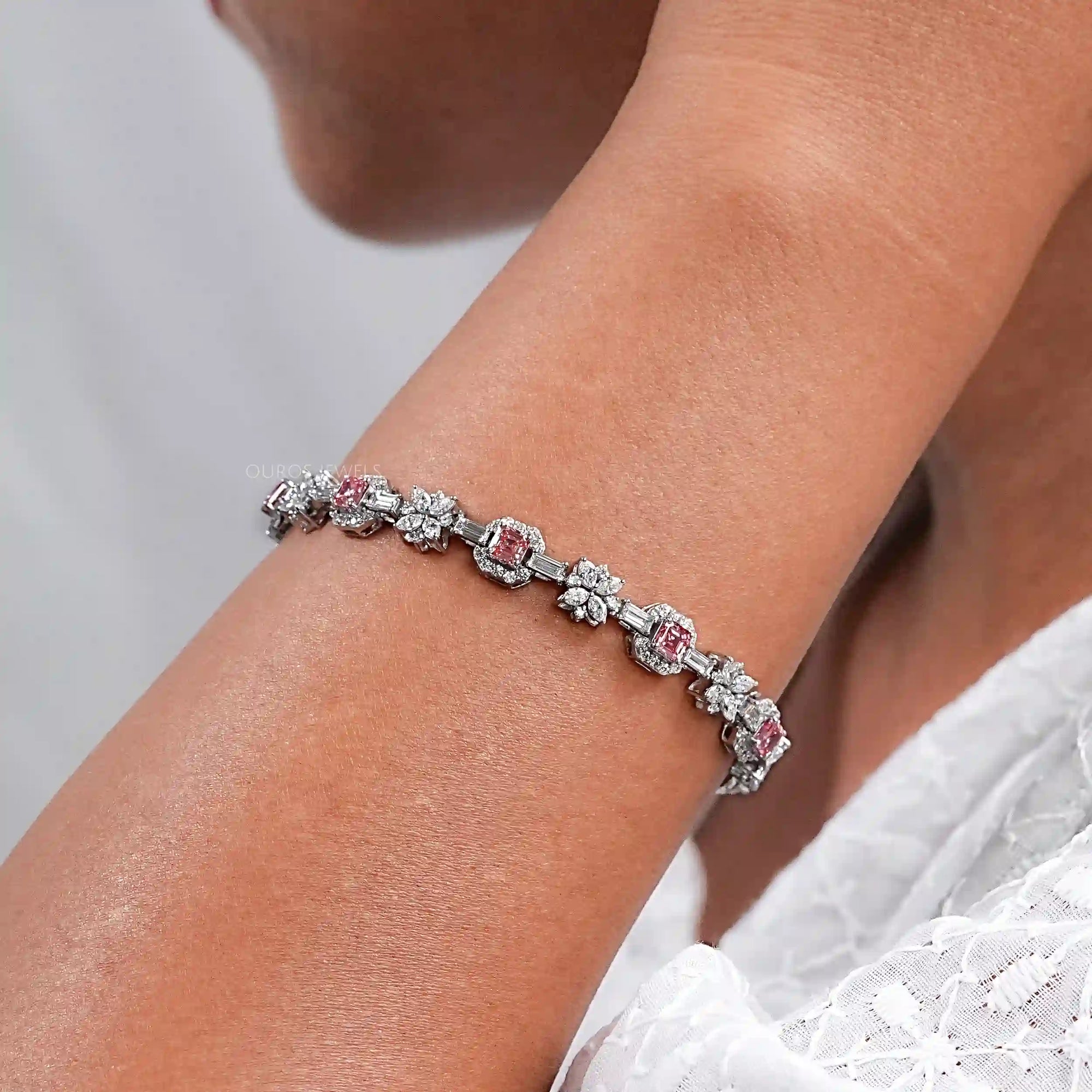 Flower And Pink Asscher Diamond Tennis Bracelet Bracelet