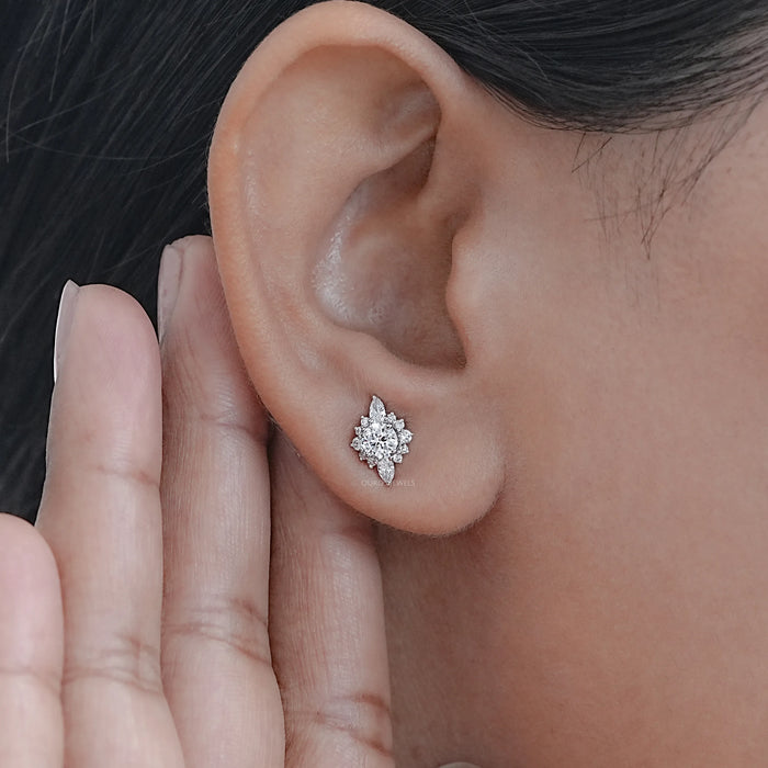 Round And Marquise Diamond Cluster Stud Earrings