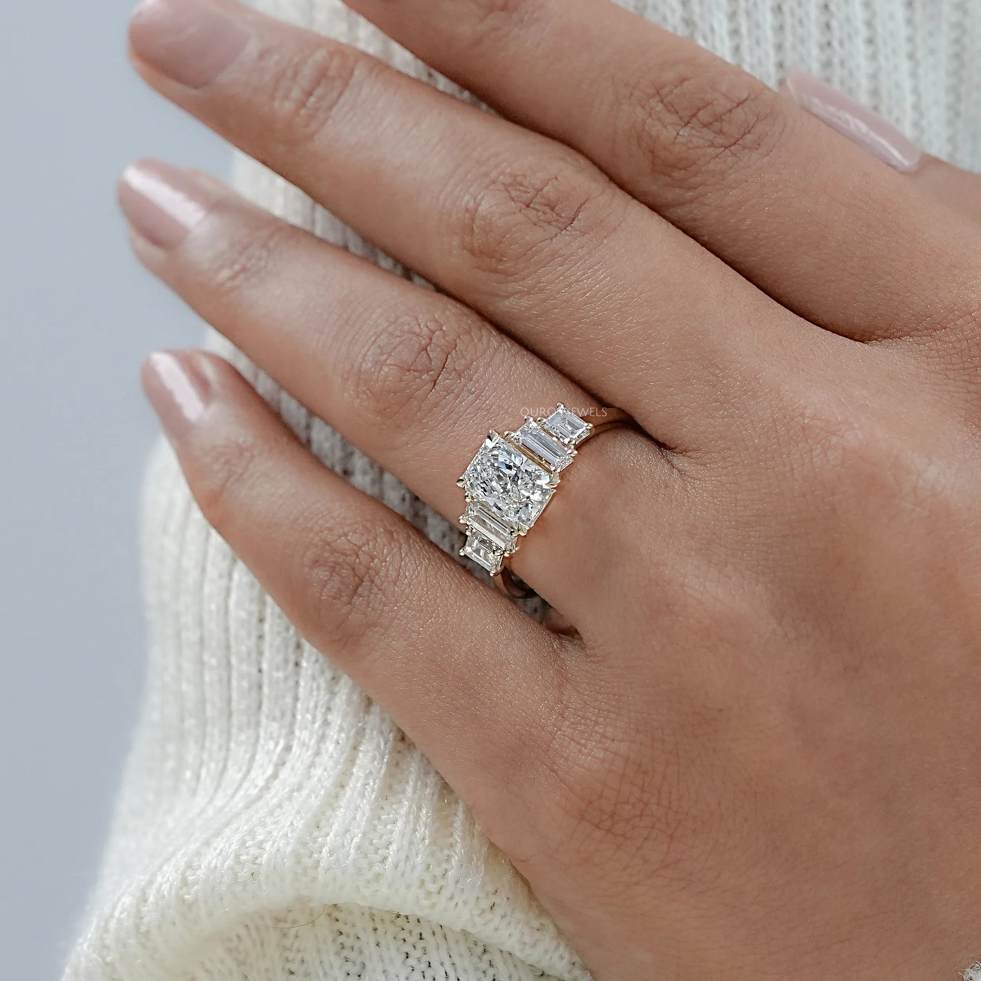 Radiant And Baguette Diamond Five Stone Engagement Ring Rings