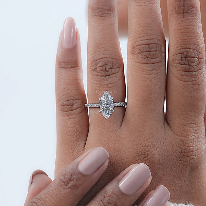 Marquise Diamond Solitaire Accent Hidden Halo Engagement Ring