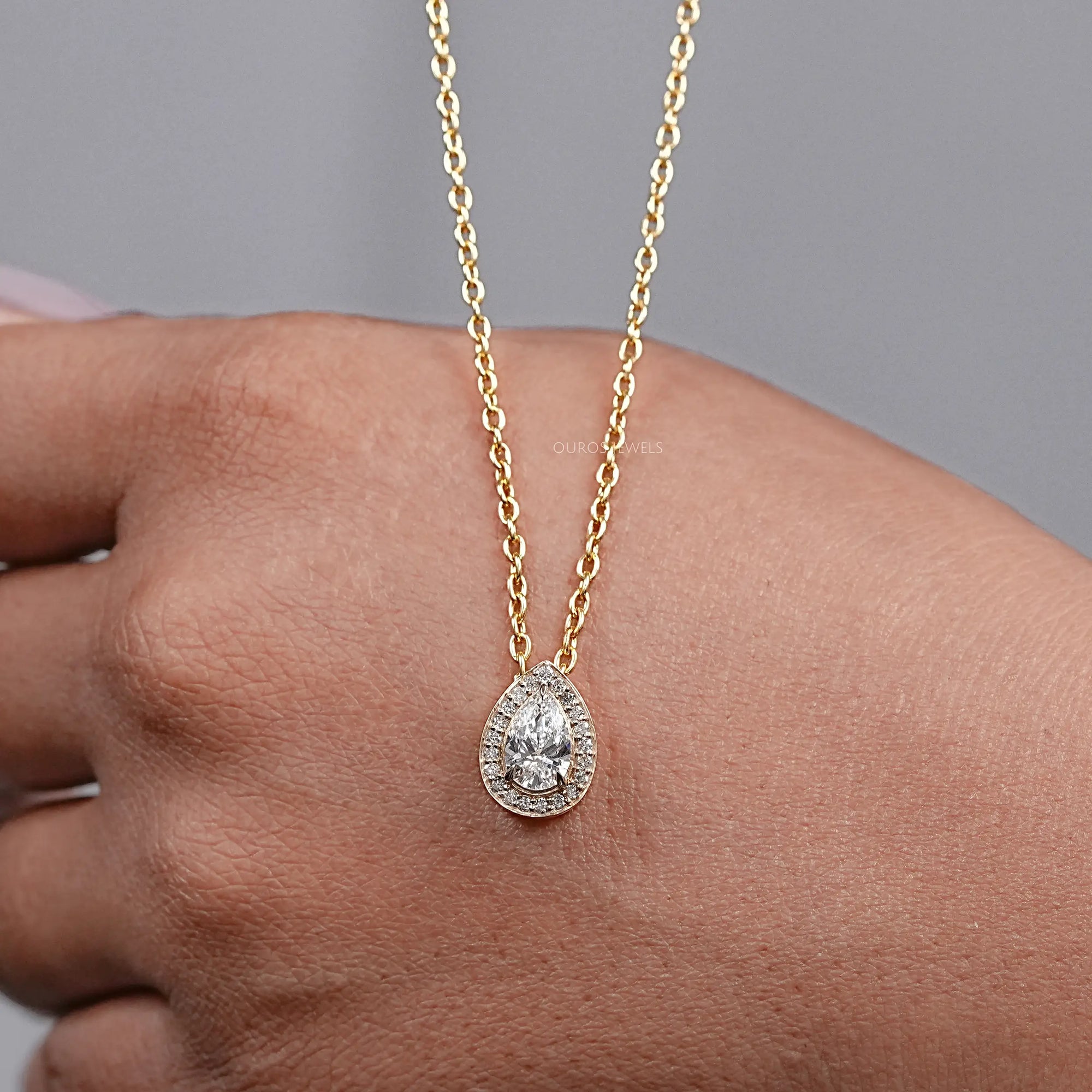 Pear Cut Lab Diamond Halo Pendant Necklaces
