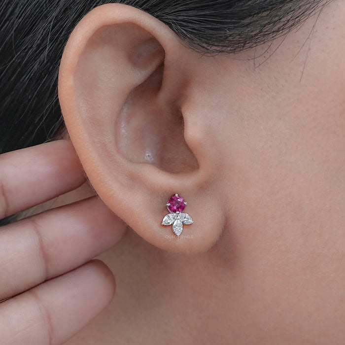 Ruby Round  And Marquise Lab Diamond Stud Earrings