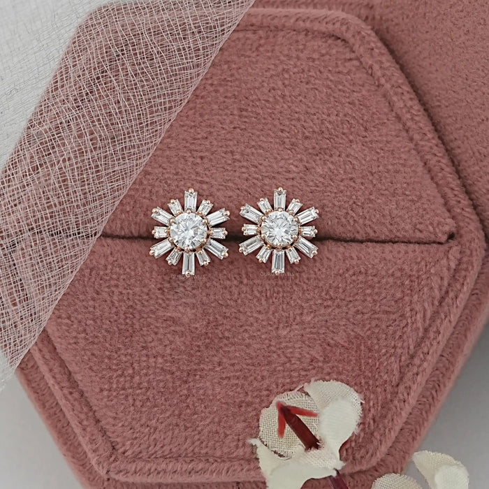 Round & Tapered Baguette Diamond  Stud Earrings