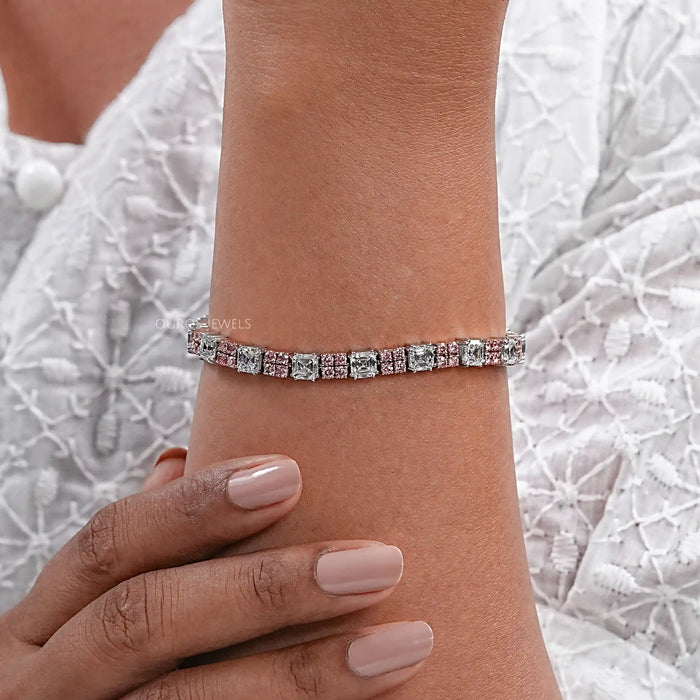 Asscher Diamond And Pink Round Tennis Bracelet