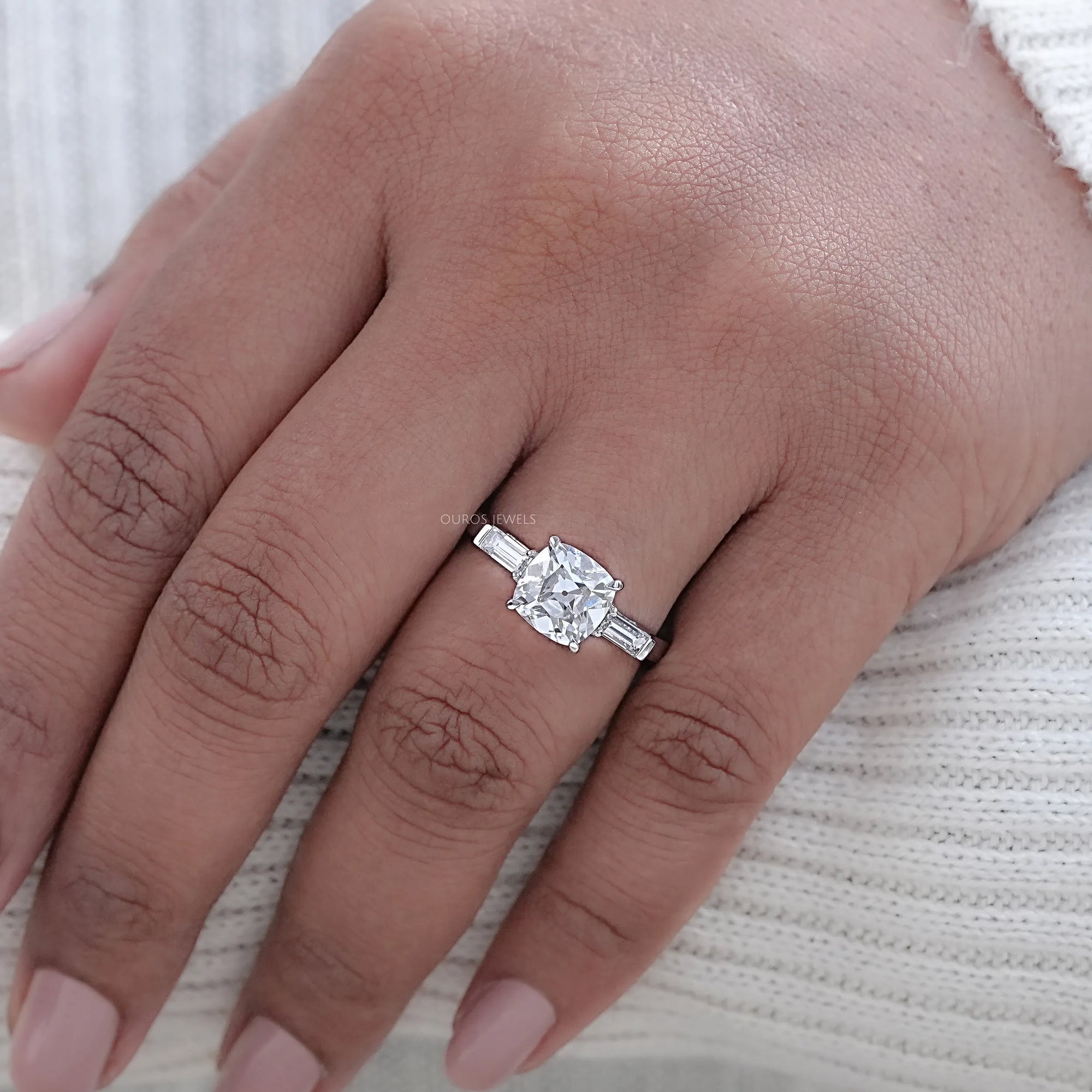 Square Old Mine Cushion Cut Lab Diamond Three Stone Ring Ring