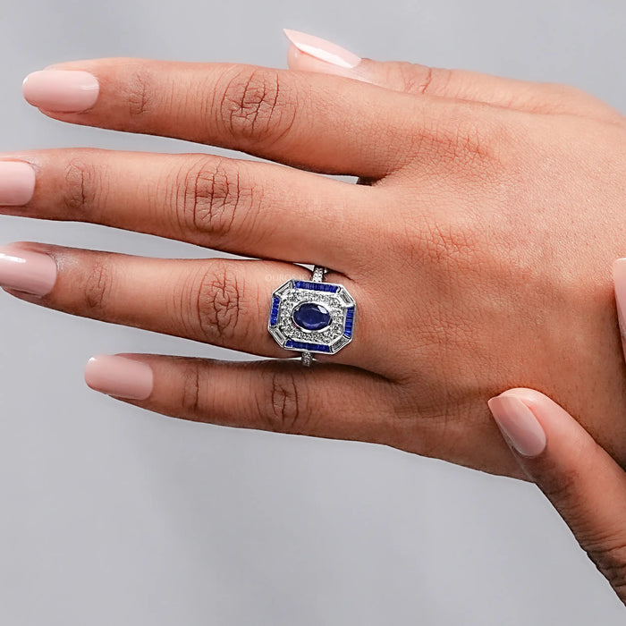 Sapphire Oval And Baguette Diamond Engagement Ring